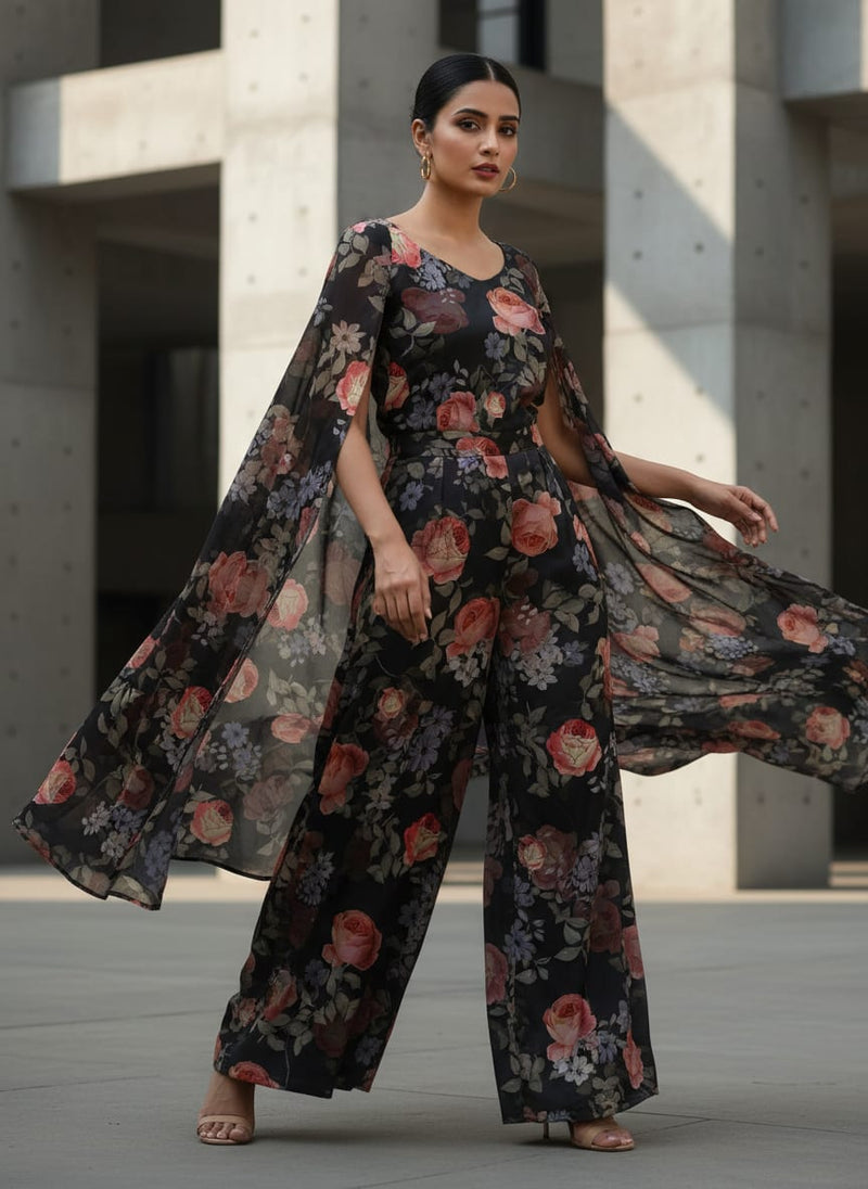 Elegant Floral Over Black Base Digital Printed Fabric
