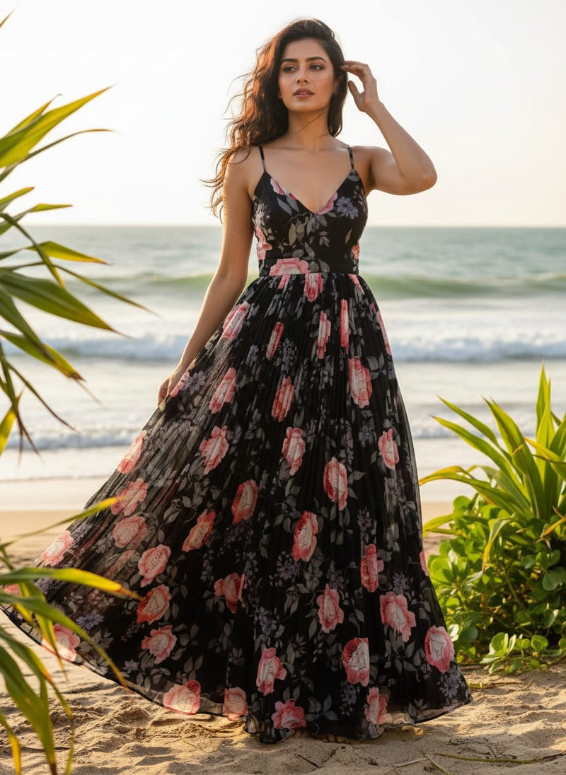 Elegant Floral Over Black Base Digital Printed Fabric