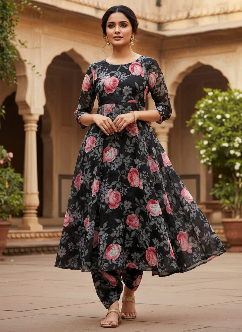 Black Romantic Rose Floral Print Muslin Digital Printed Fabric