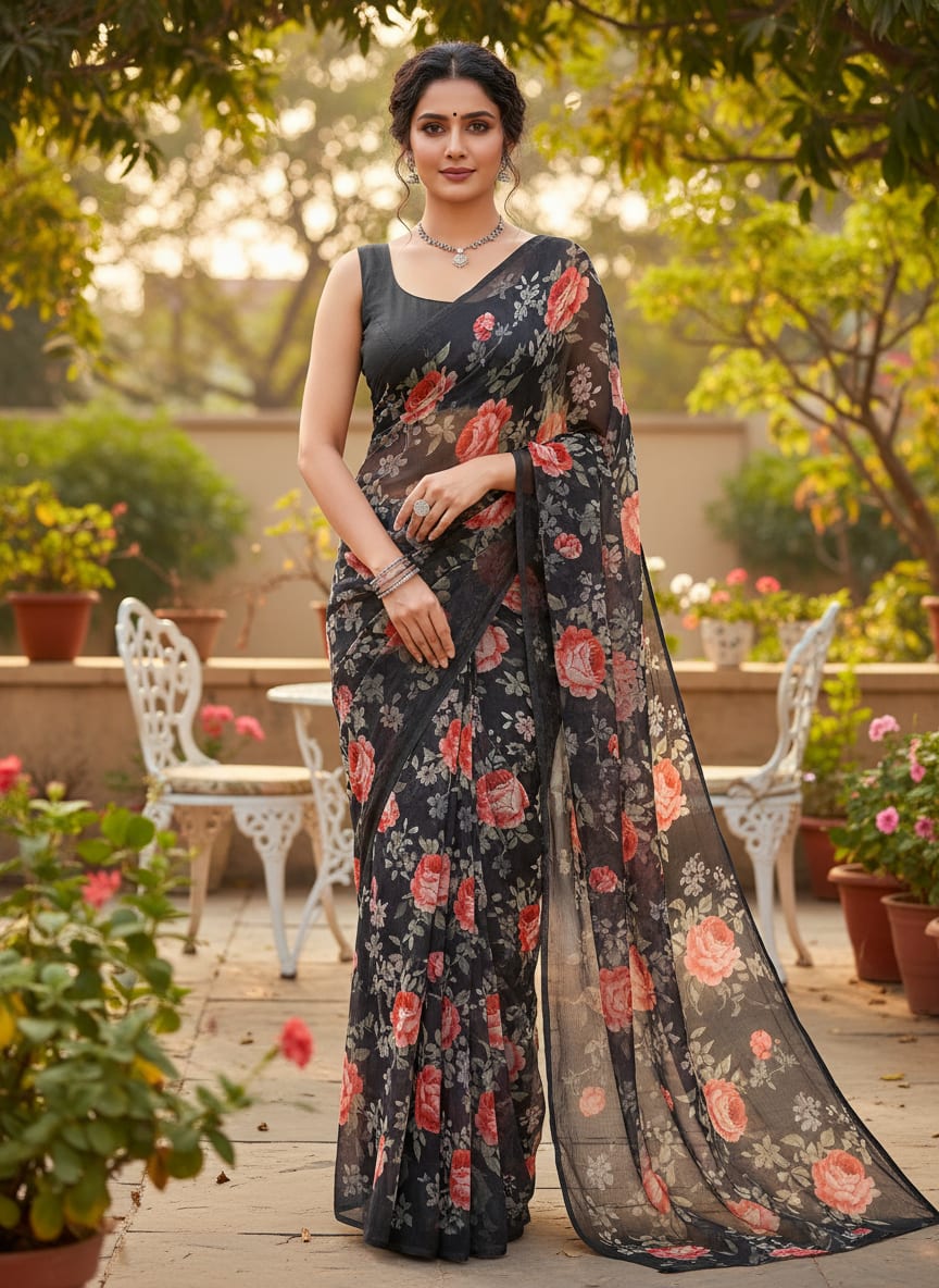 Black Vibrant Roses Floral Pure Chiffon Digital Printed Fabric