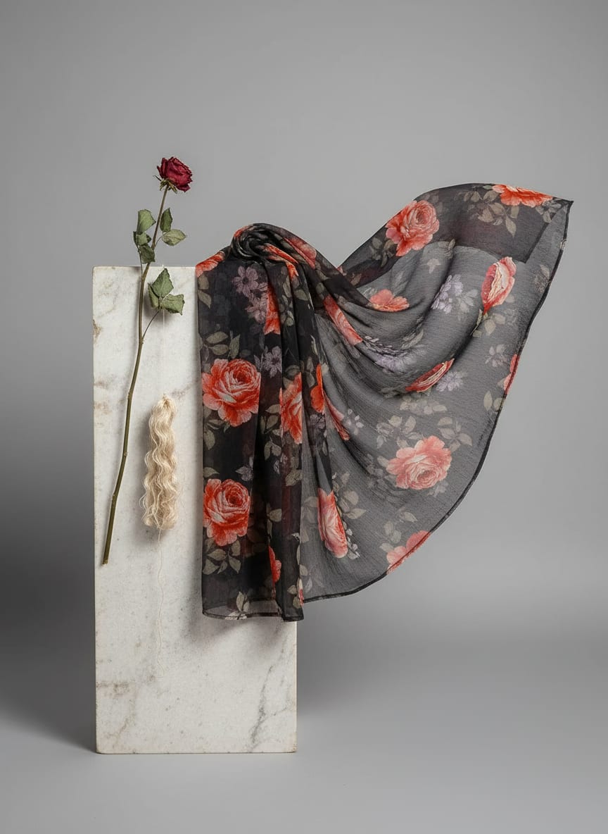 Black Vibrant Roses Floral Pure Chiffon Digital Printed Fabric