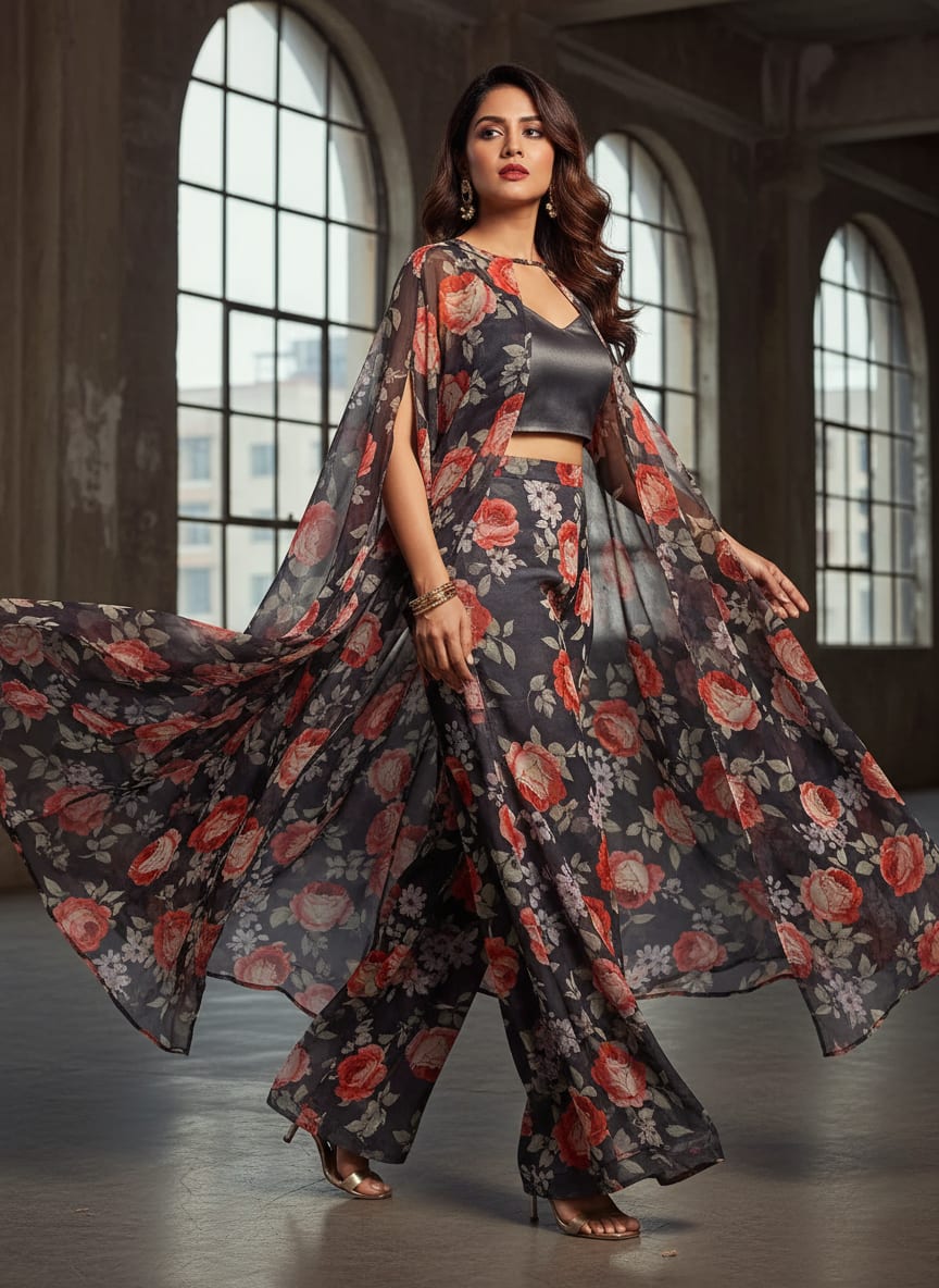 Black Vibrant Roses Floral Pure Chiffon Digital Printed Fabric
