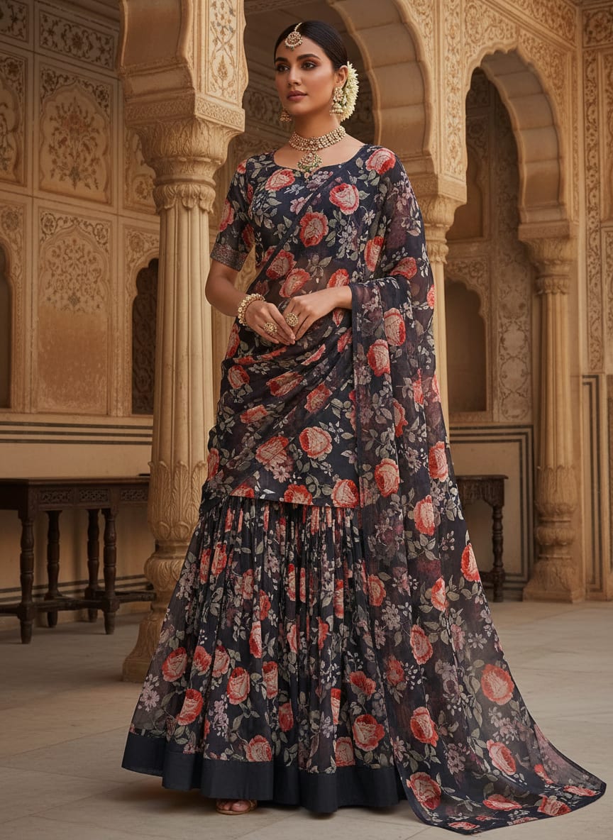 Black Vibrant Roses Floral Pure Chiffon Digital Printed Fabric