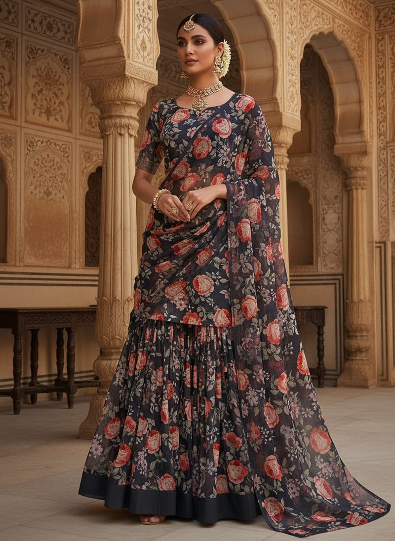 Black Vibrant Roses Floral Pure Chiffon Digital Printed Fabric