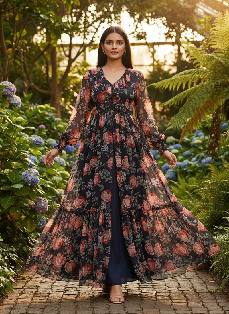 Black Vibrant Roses Floral Pure Chiffon Digital Printed Fabric