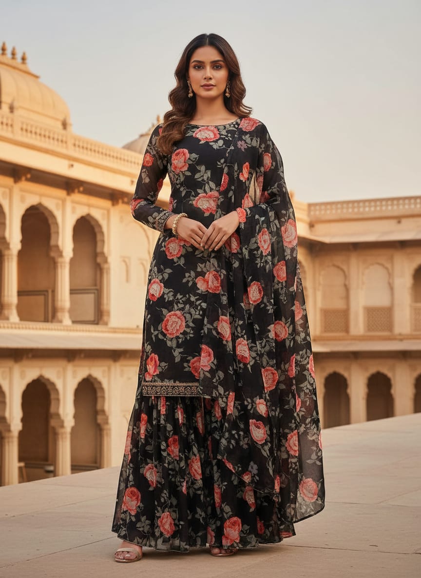 Elegant Floral Over Black Base Digital Printed Fabric