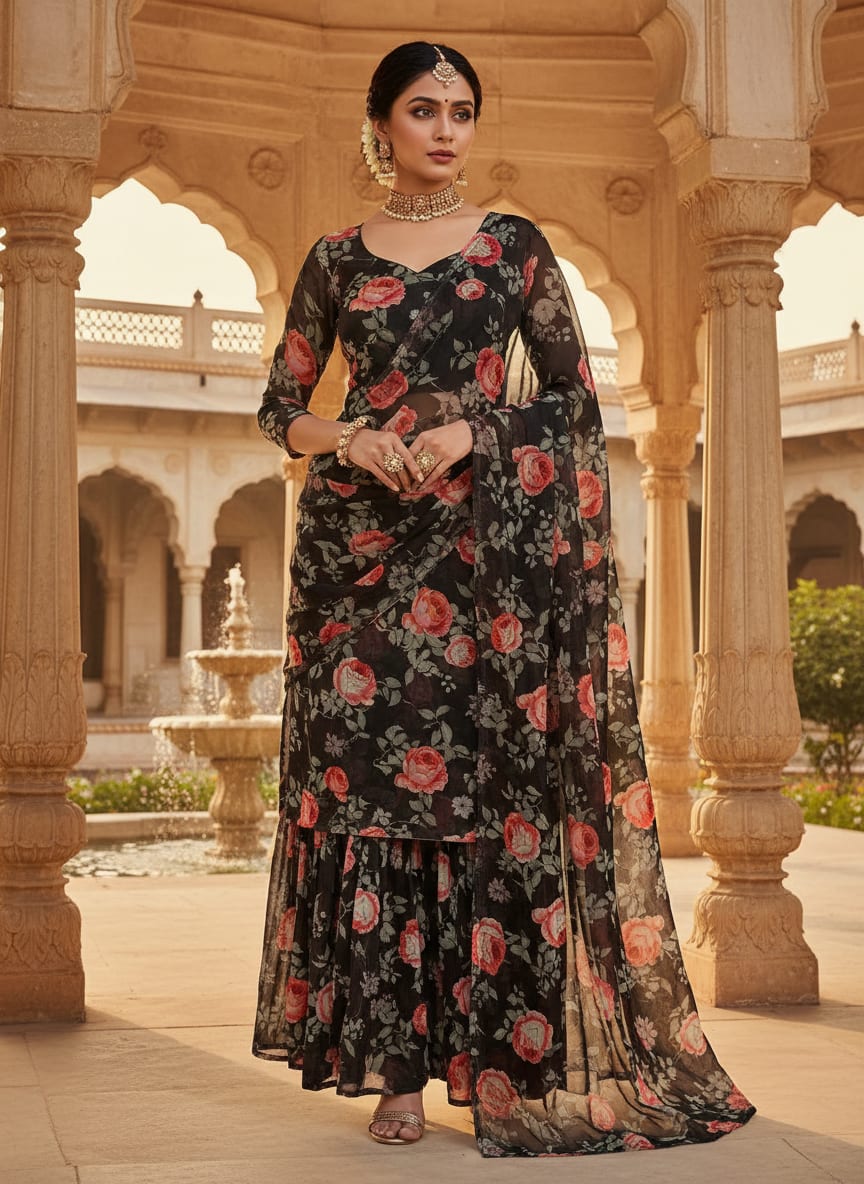 Elegant Floral Over Black Base Digital Printed Fabric