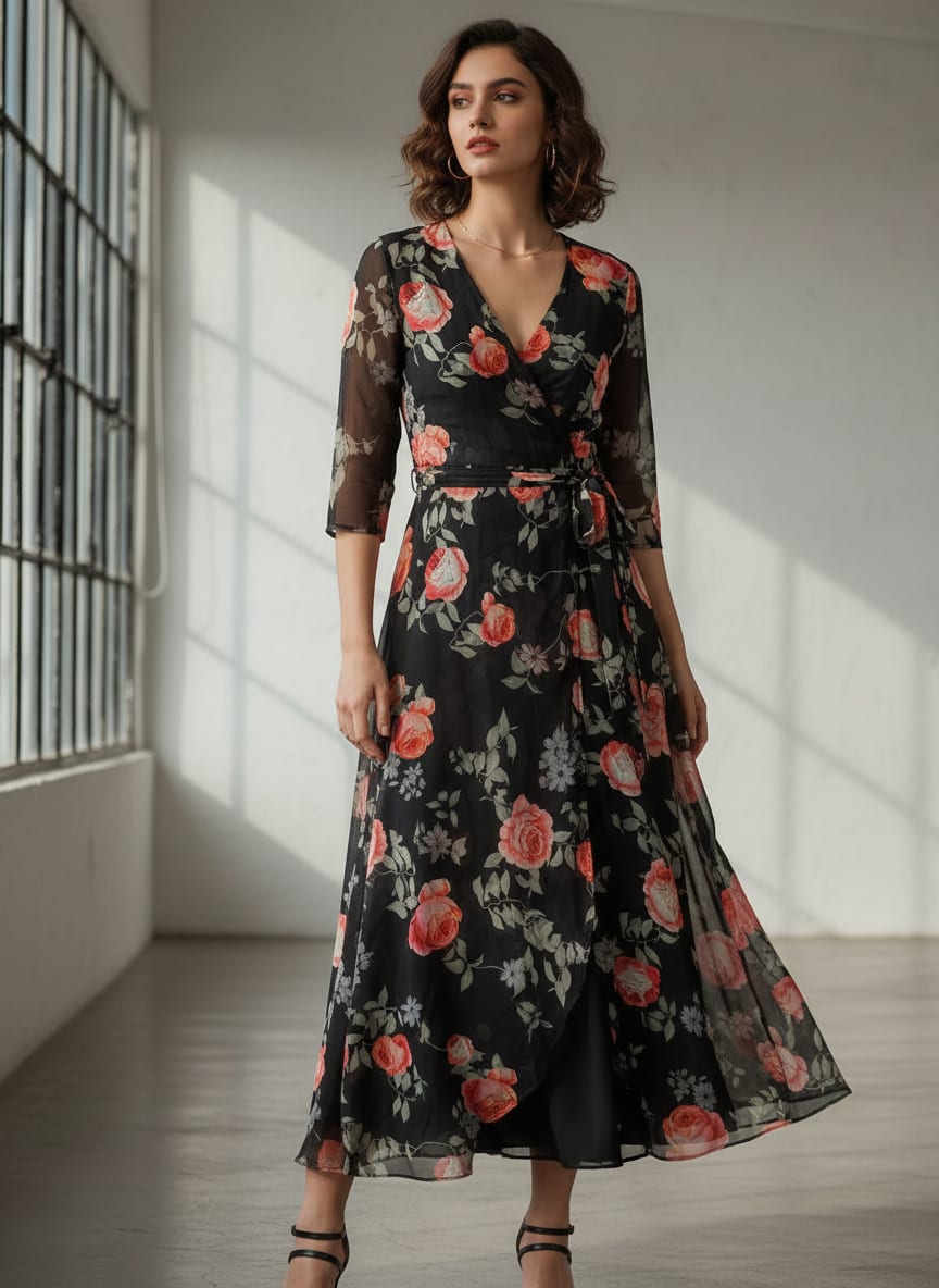 Elegant Floral Over Black Base Digital Printed Fabric