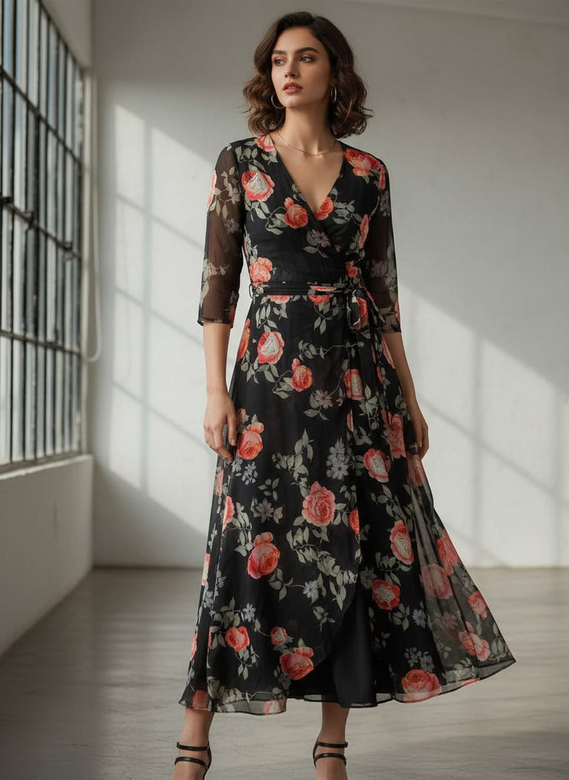 Elegant Floral Over Black Base Digital Printed Fabric