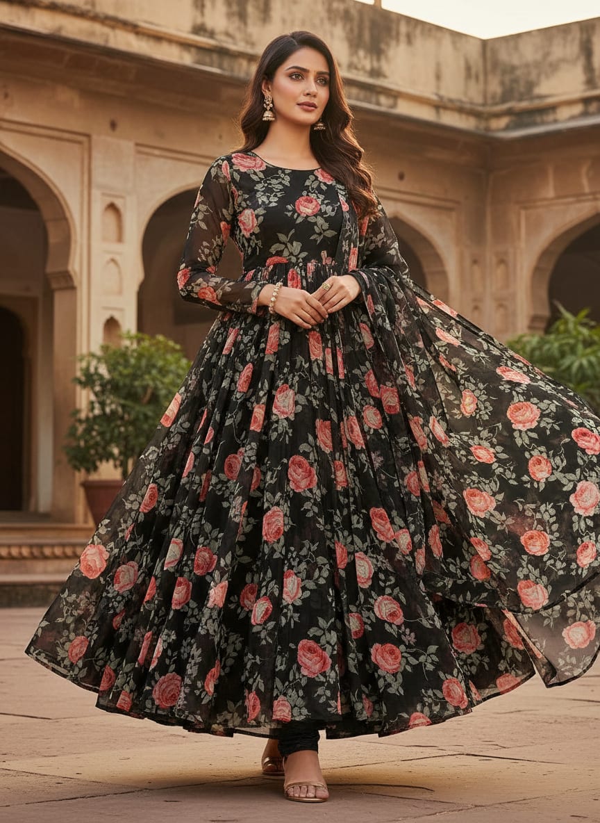 Black Red Rose Floral Pure Georgette Digital Printed Fabric
