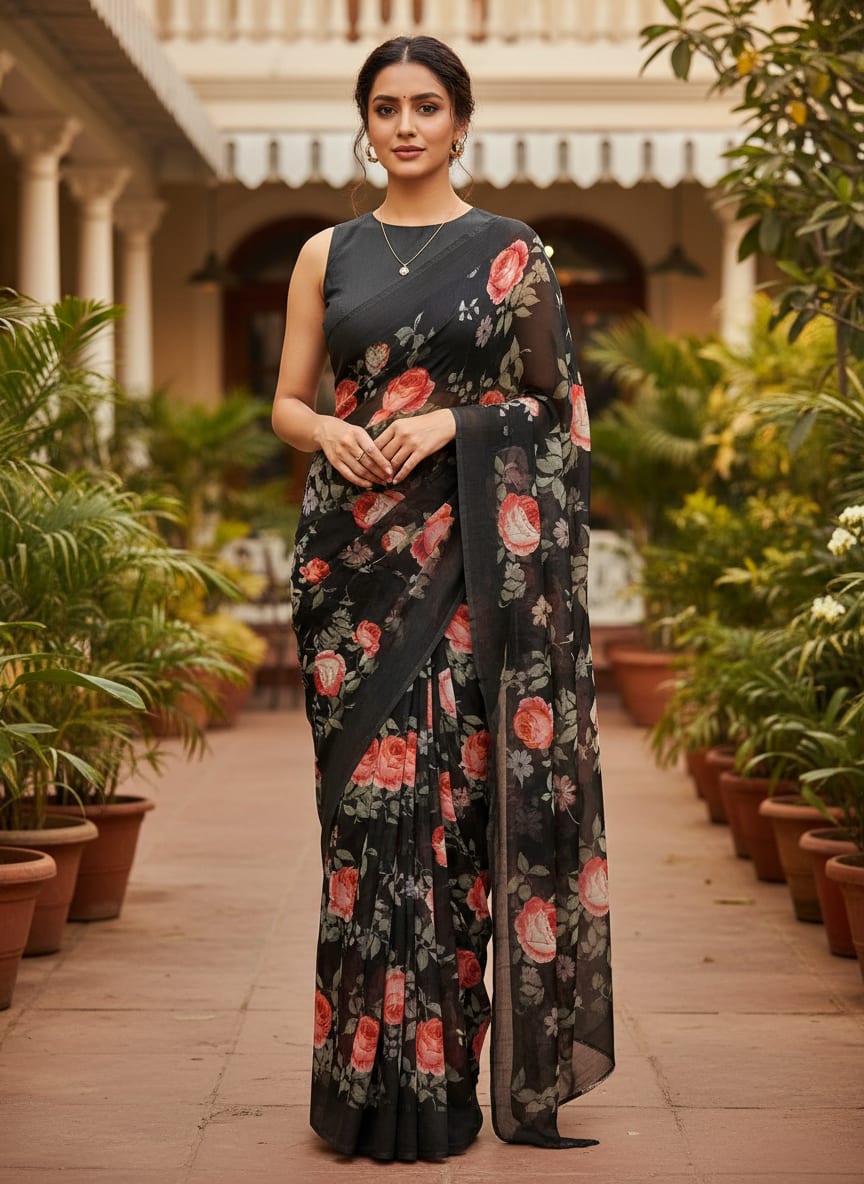 Black Red Rose Floral Pure Georgette Digital Printed Fabric