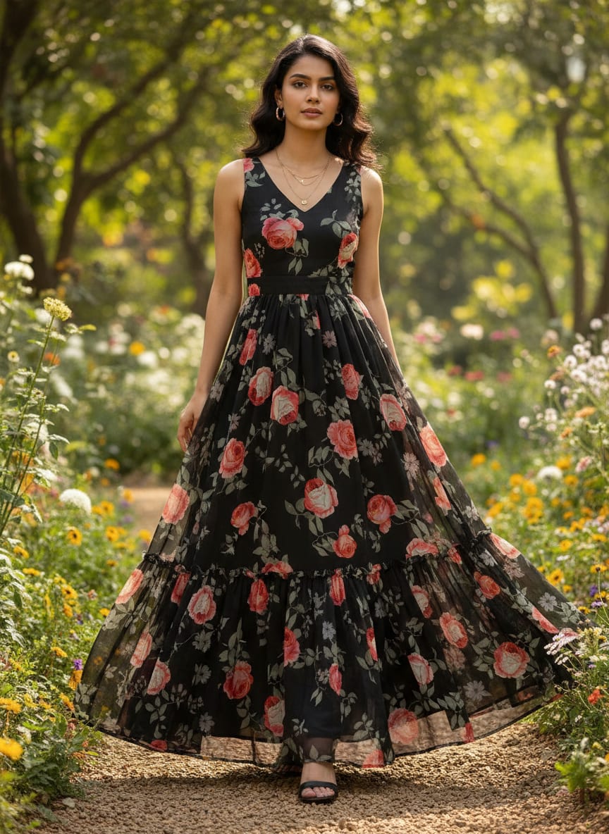 Black Red Rose Floral Pure Georgette Digital Printed Fabric