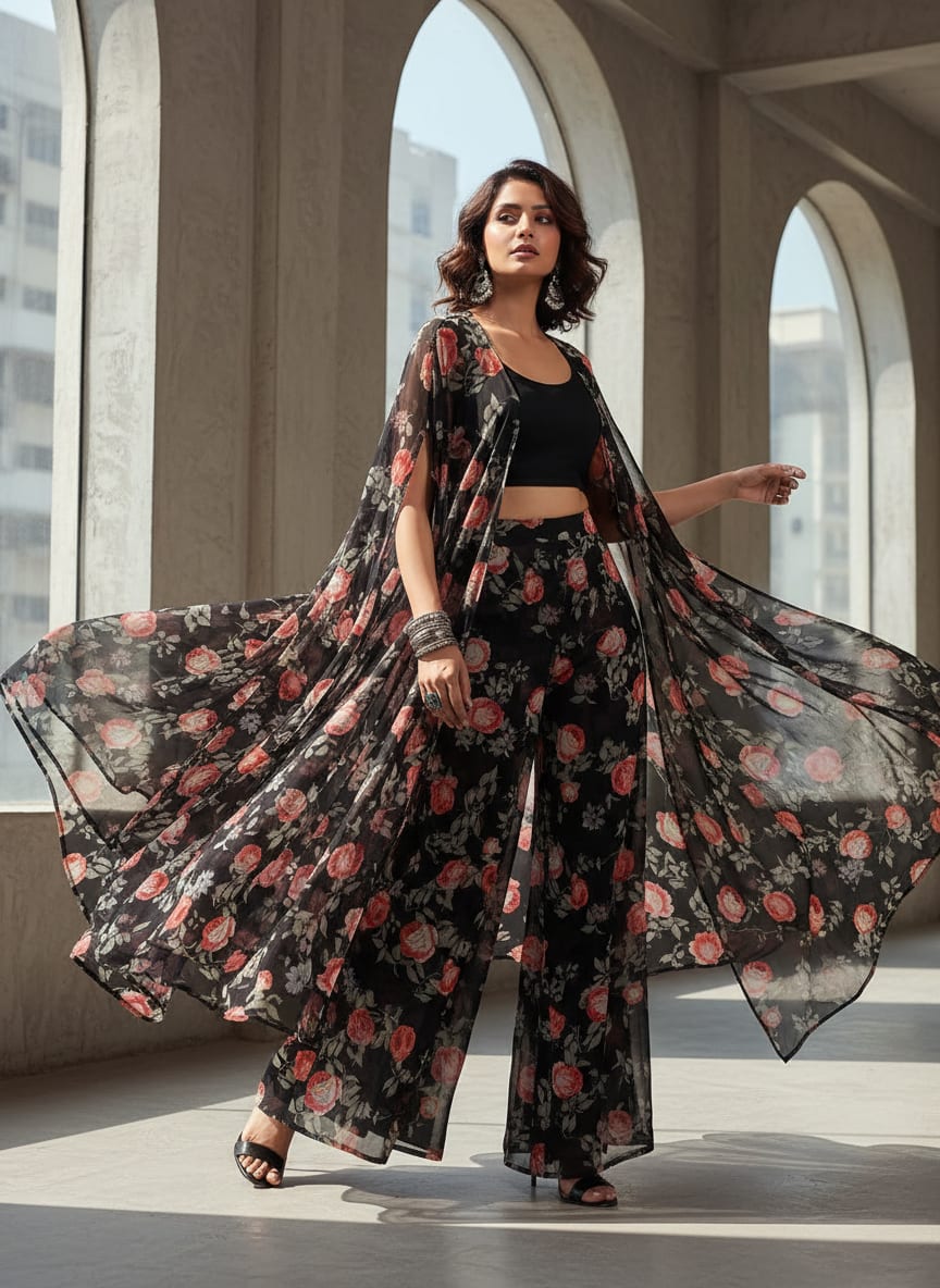 Elegant Floral Over Black Base Digital Printed Fabric