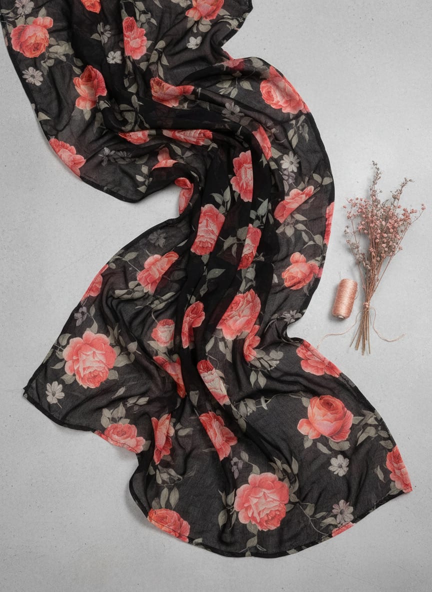 Black Red Rose Floral Pure Georgette Digital Printed Fabric