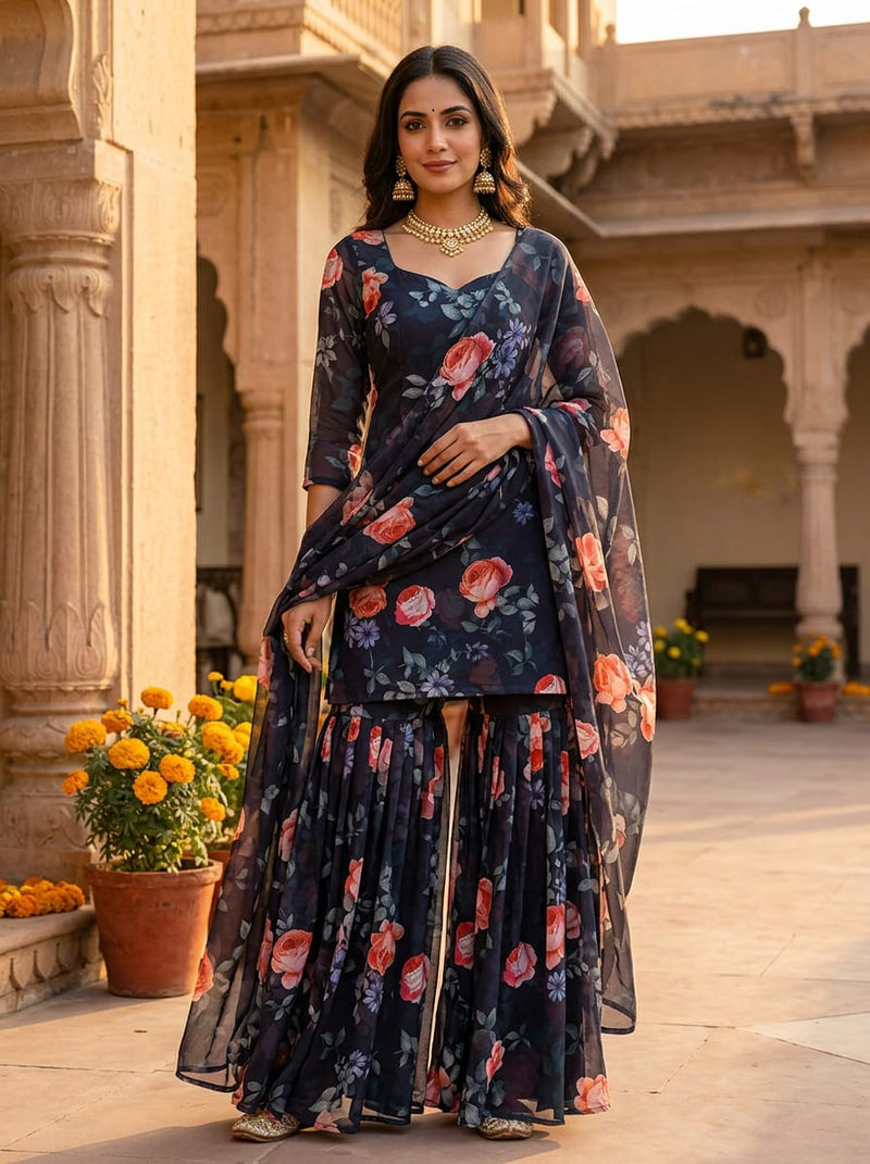Navy Romantic Roses Floral Weightless Digital Printed Fabric