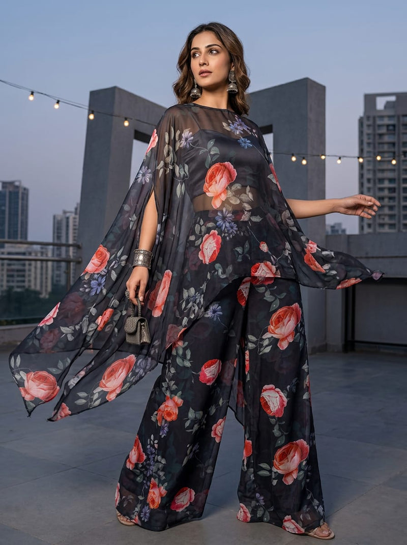 Navy Romantic Roses Floral Weightless Digital Printed Fabric