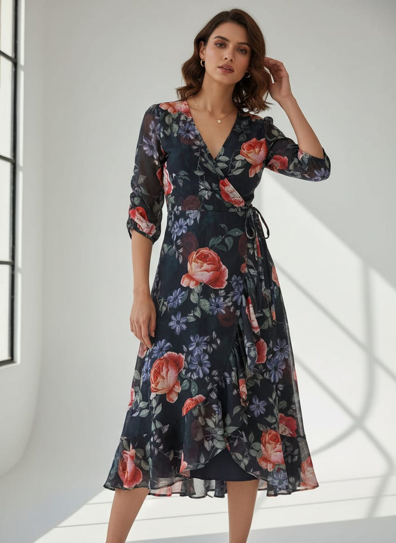 Elegant Floral Over Black Base Digital Printed Fabric