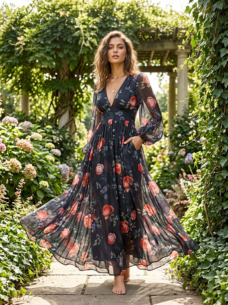 Navy Romantic Roses Floral Weightless Digital Printed Fabric