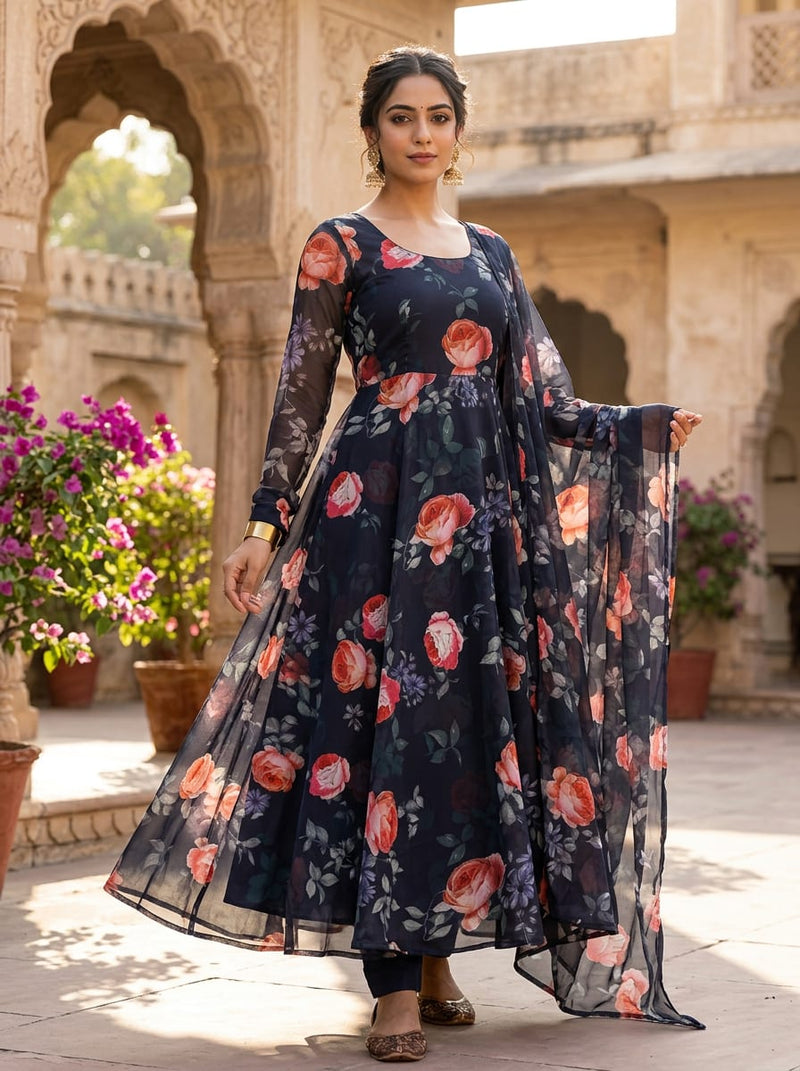Navy Romantic Roses Floral Weightless Digital Printed Fabric