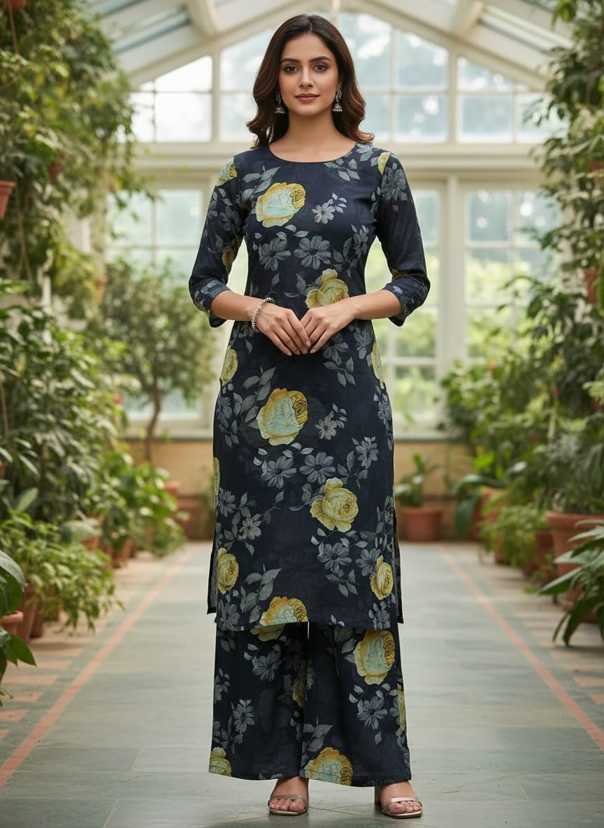 Elegant Floral Over Blue Base Digital Printed Fabric