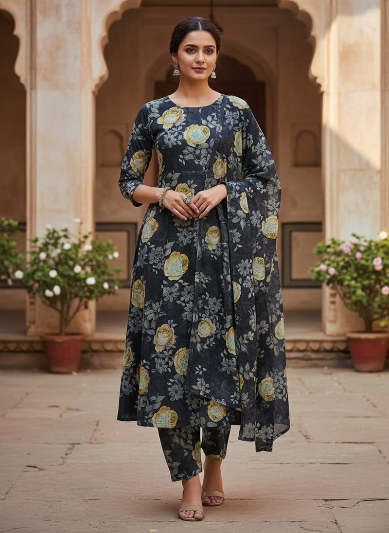 Elegant Floral Over Blue Base Digital Printed Fabric