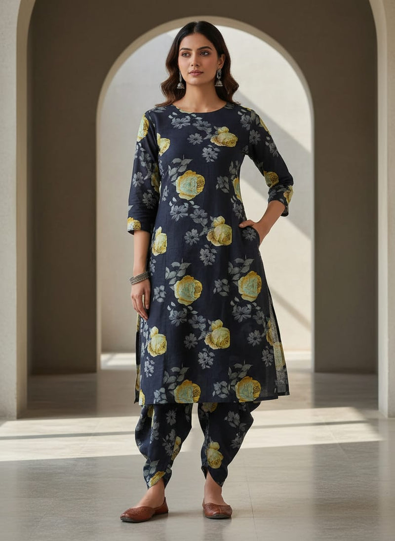 Elegant Floral Over Blue Base Digital Printed Fabric