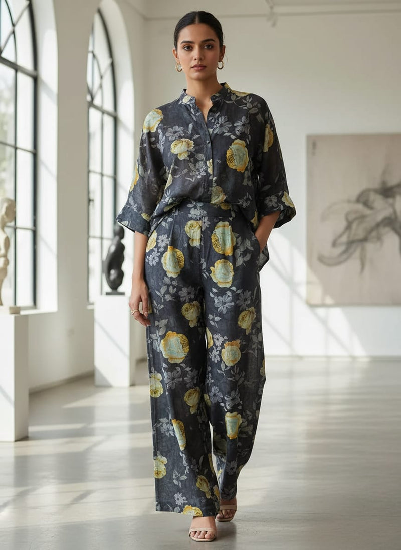 Elegant Floral Over Blue Base Digital Printed Fabric