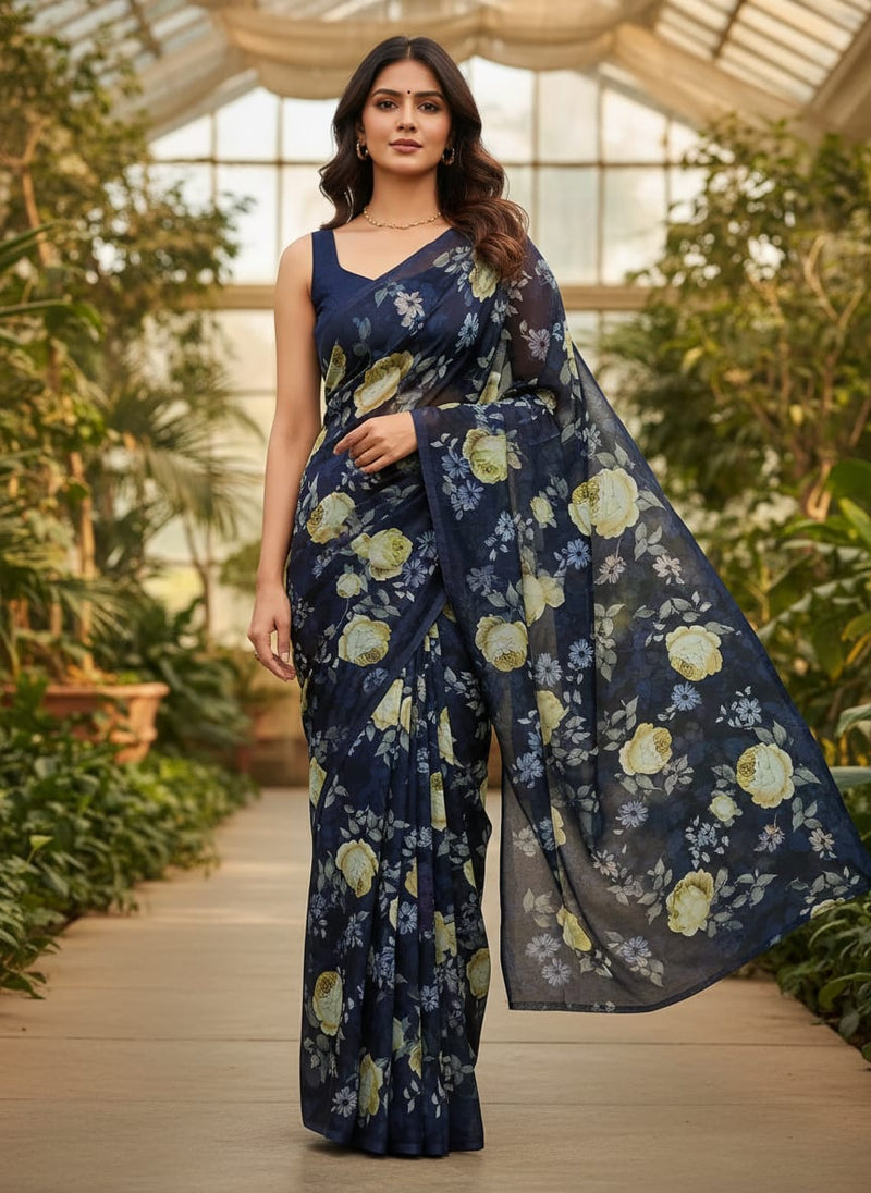 Elegant Floral Over Blue Base Digital Printed Fabric