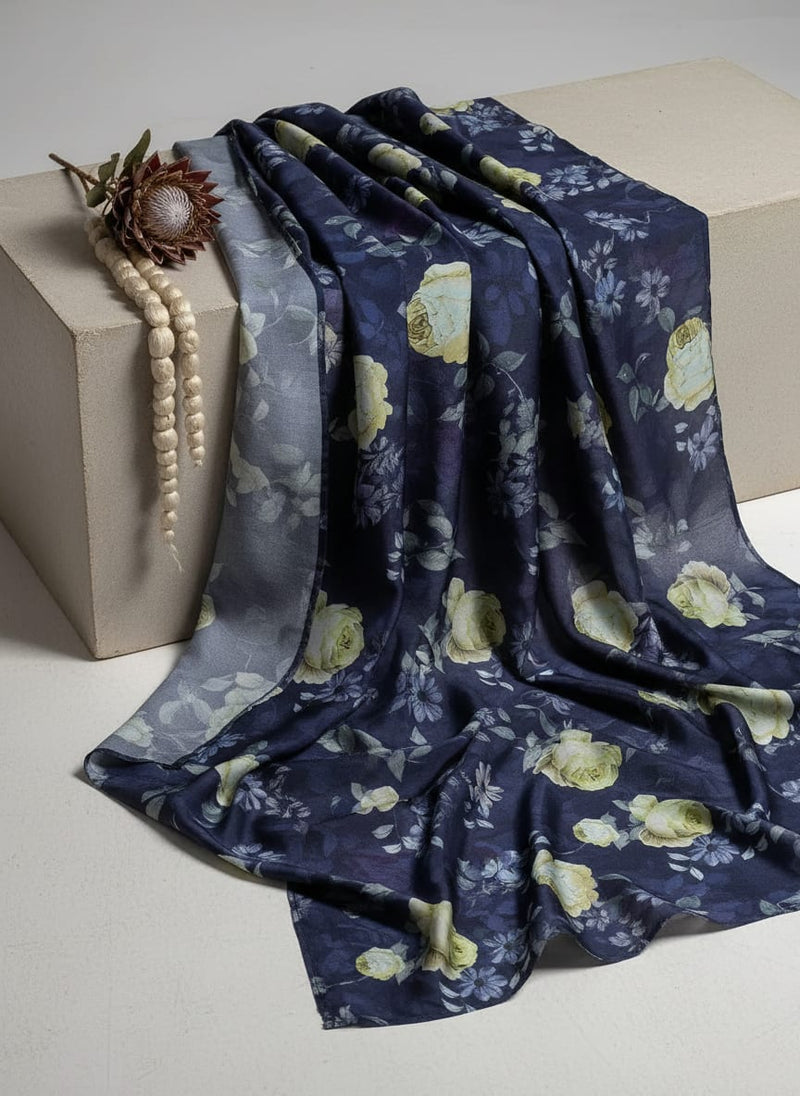 Navy Vintage Roses Floral Japan Satin Digital Printed Fabric