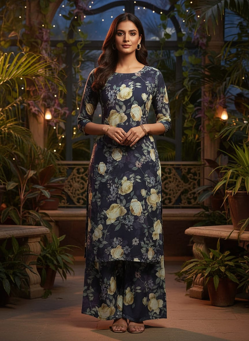 Navy Twilight Garden Floral Muslin Digital Printed Fabric
