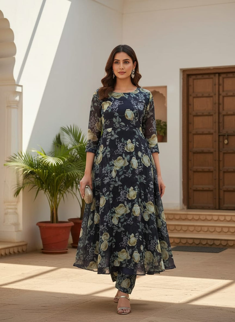 Elegant Floral Over Blue Base Digital Printed Fabric