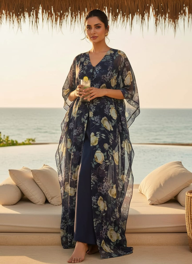 Elegant Floral Over Blue Base Digital Printed Fabric