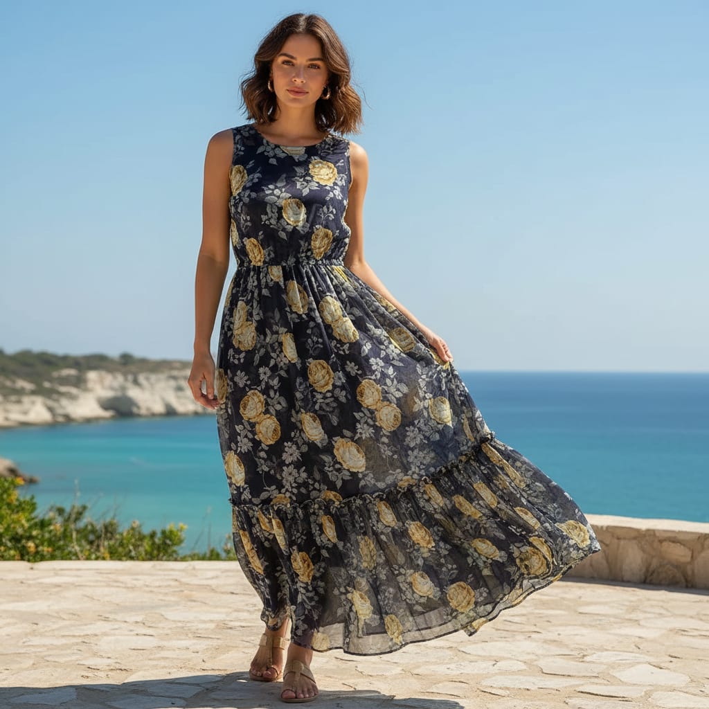 Elegant Floral Over Blue Base Digital Printed Fabric