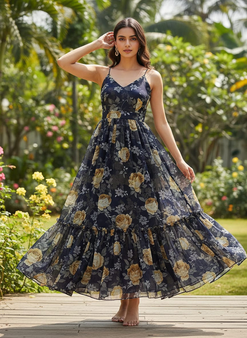 Elegant Floral Over Blue Base Digital Printed Fabric