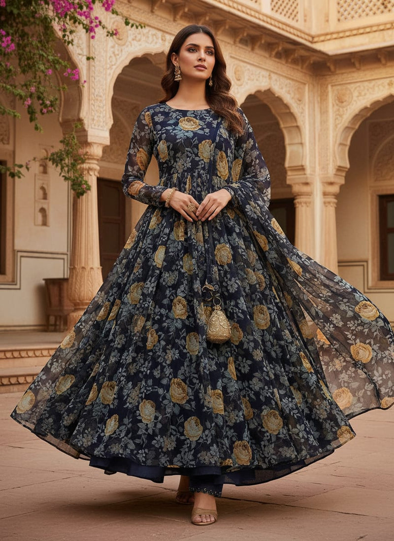 Elegant Floral Over Blue Base Digital Printed Fabric