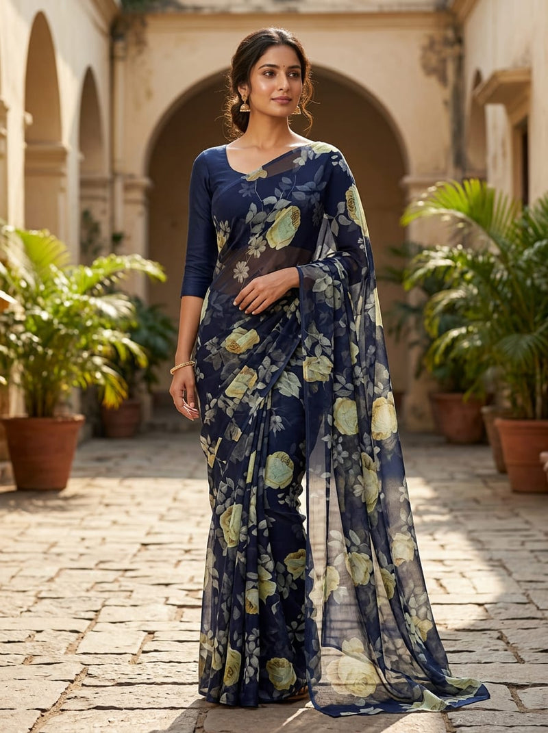 Navy Vintage Yellow Rose Floral Pure Chiffon Digital Printed Fabric