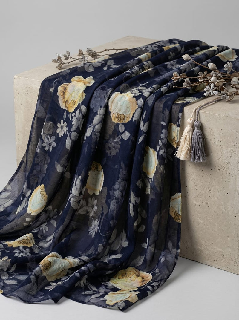 Navy Vintage Yellow Rose Floral Pure Chiffon Digital Printed Fabric