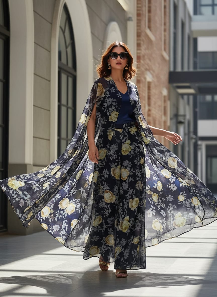 Navy Vintage Rose Floral Pure Georgette Digital Printed Fabric
