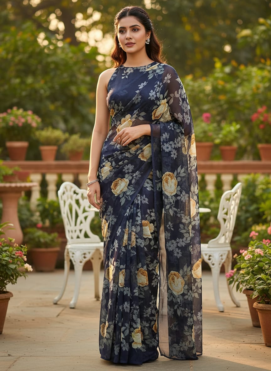 Navy Vintage Rose Floral Pure Georgette Digital Printed Fabric