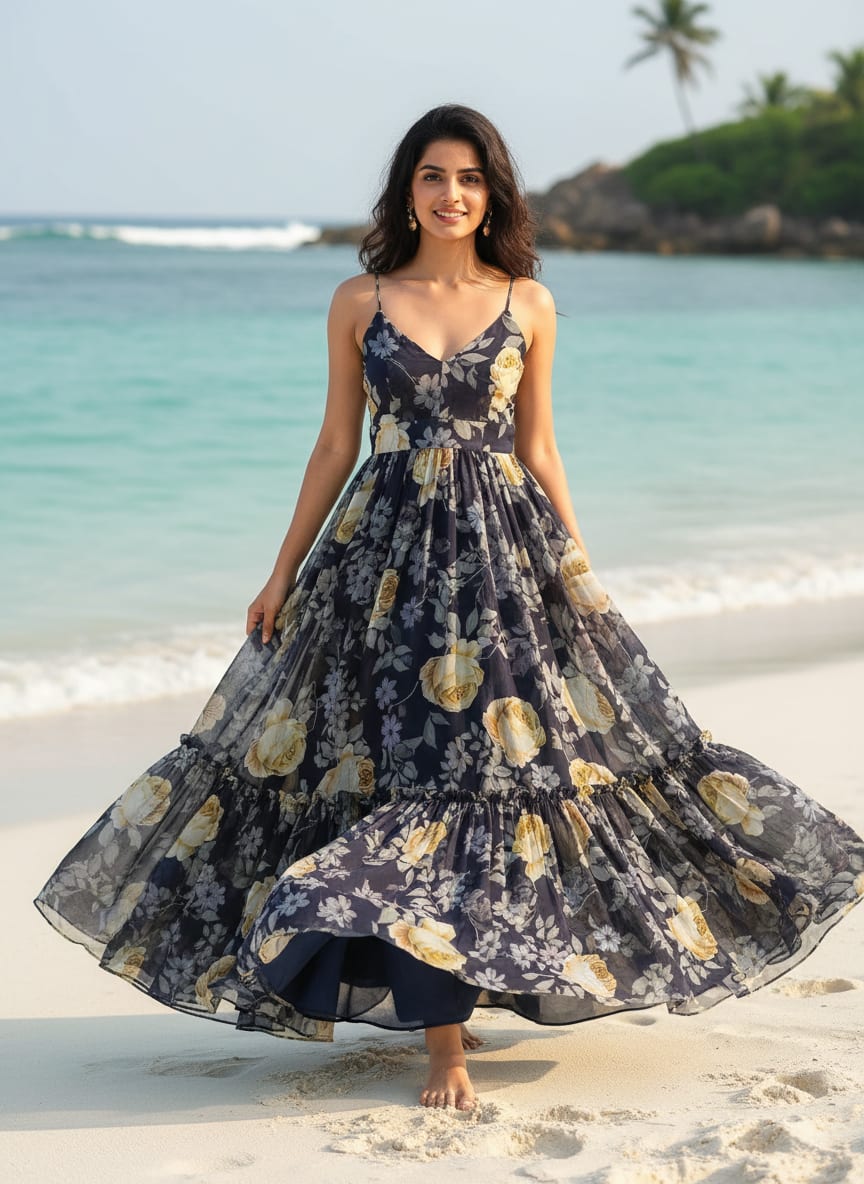 Navy Vintage Rose Floral Pure Georgette Digital Printed Fabric