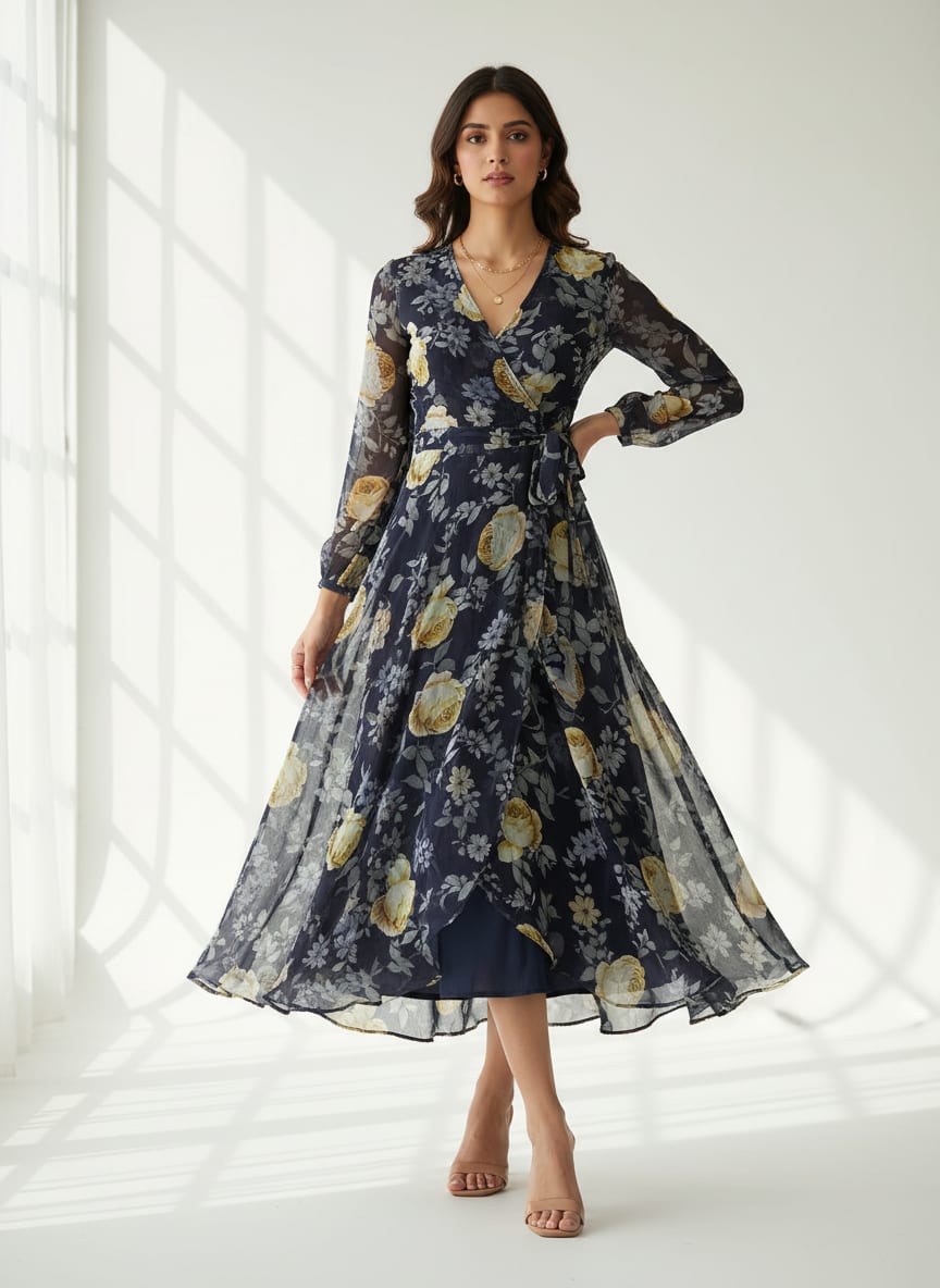 Navy Vintage Rose Floral Pure Georgette Digital Printed Fabric