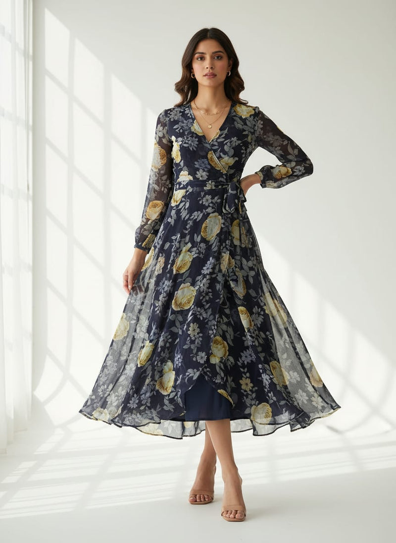 Navy Vintage Rose Floral Pure Georgette Digital Printed Fabric