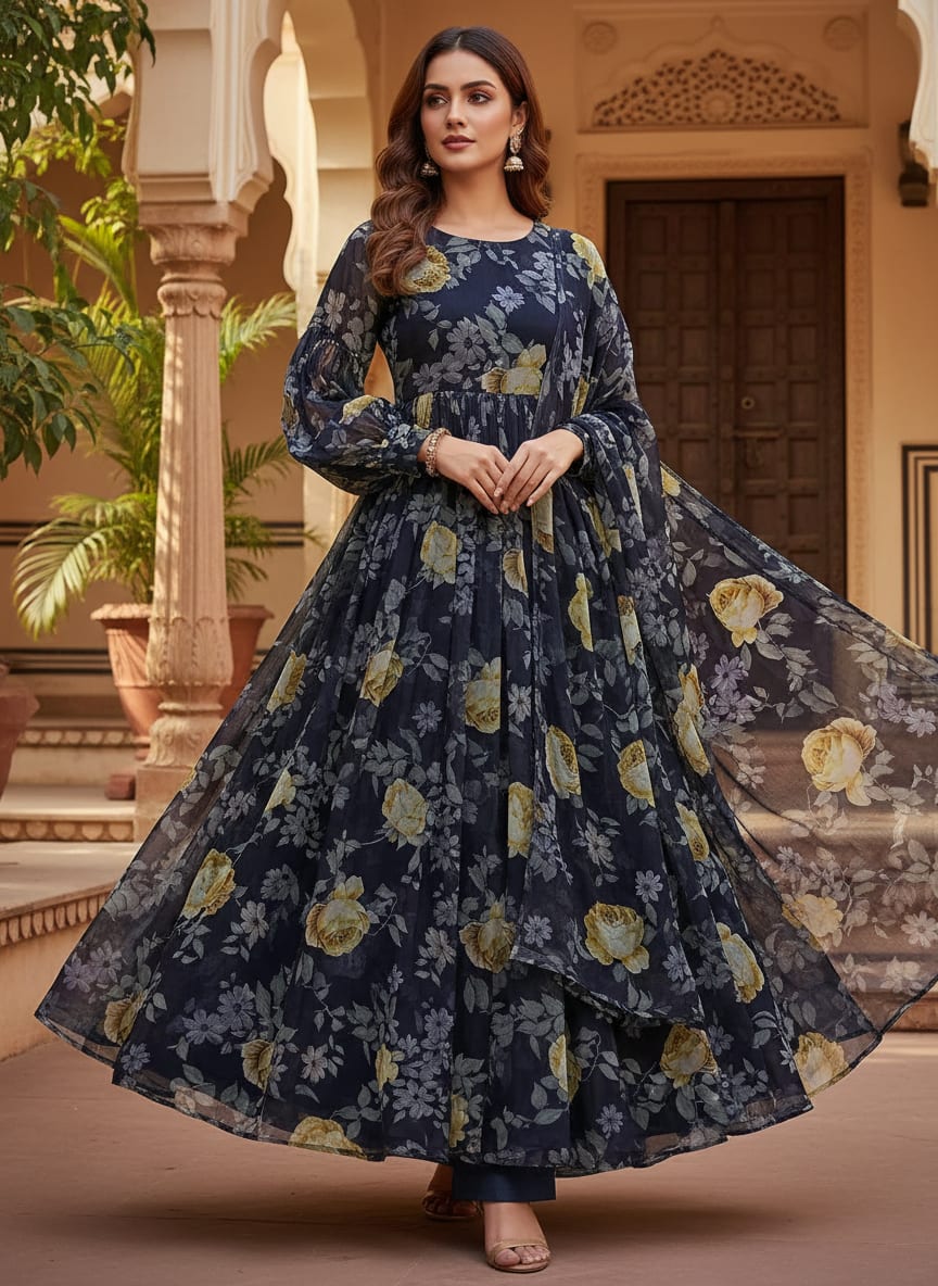 Navy Vintage Rose Floral Pure Georgette Digital Printed Fabric