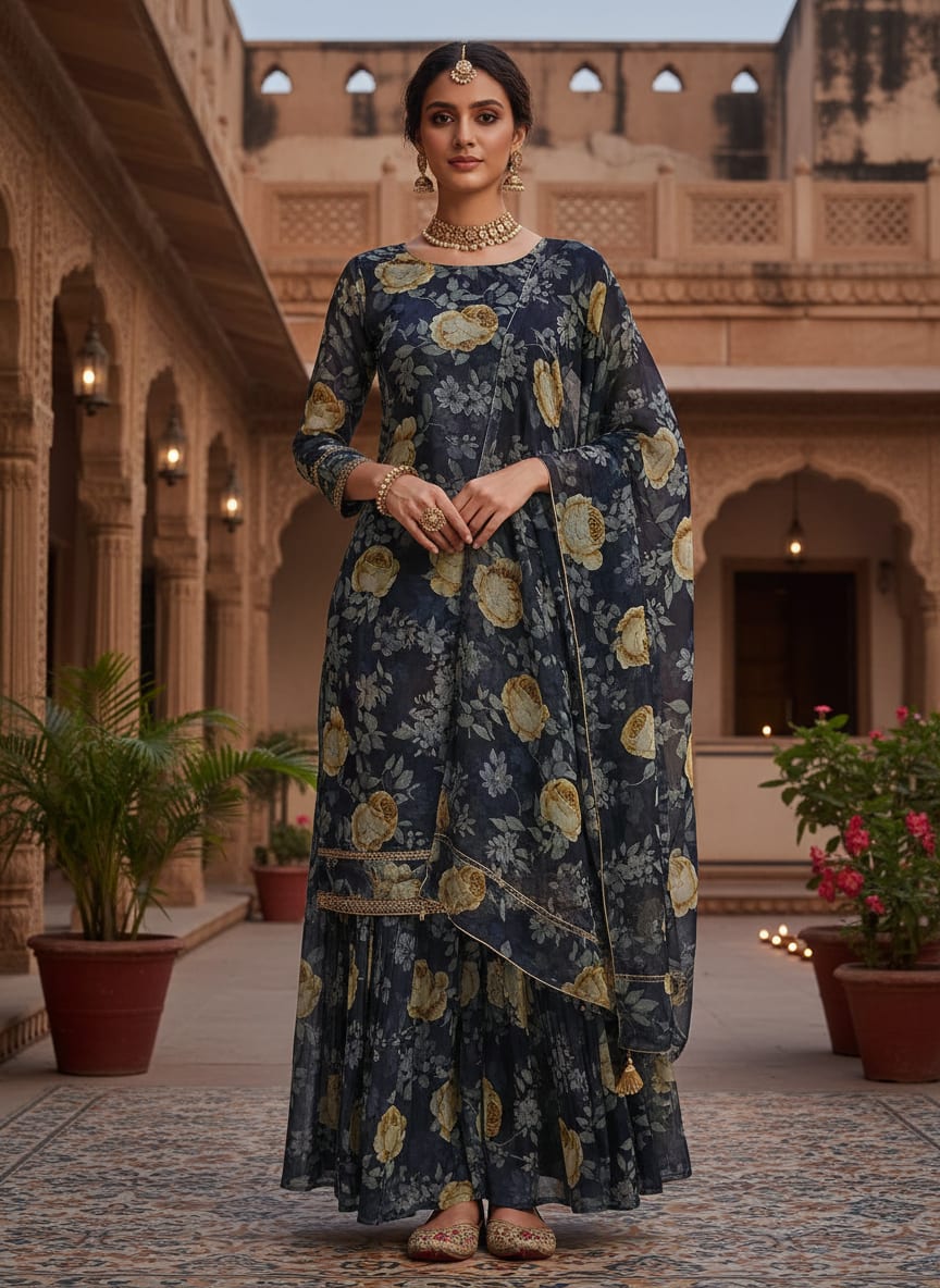 Navy Vintage Rose Floral Pure Georgette Digital Printed Fabric