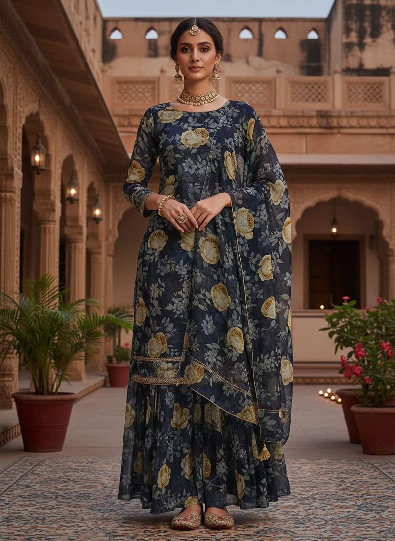 Navy Vintage Rose Floral Pure Georgette Digital Printed Fabric