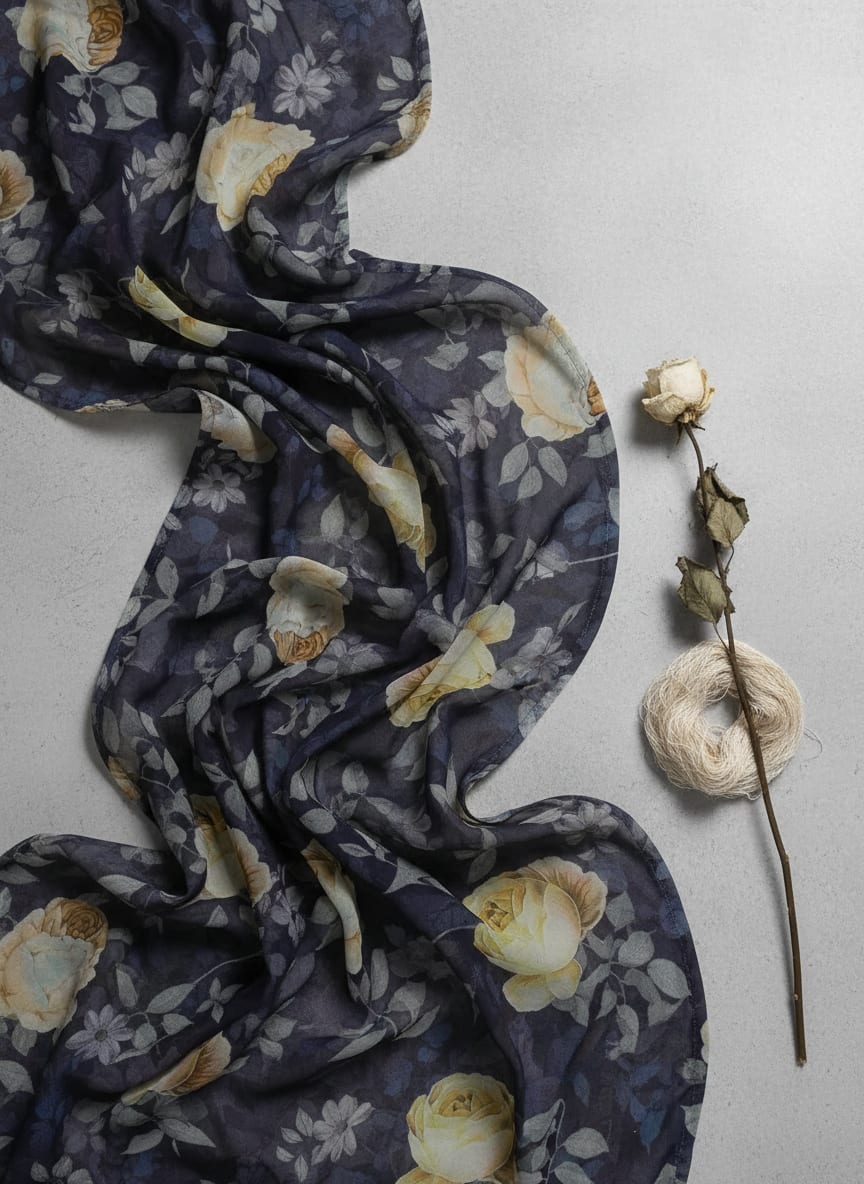 Navy Vintage Rose Floral Pure Georgette Digital Printed Fabric
