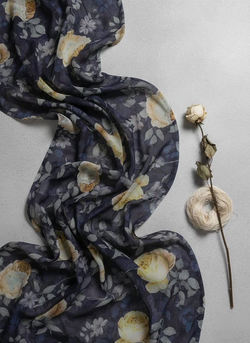 Navy Vintage Rose Floral Pure Georgette Digital Printed Fabric