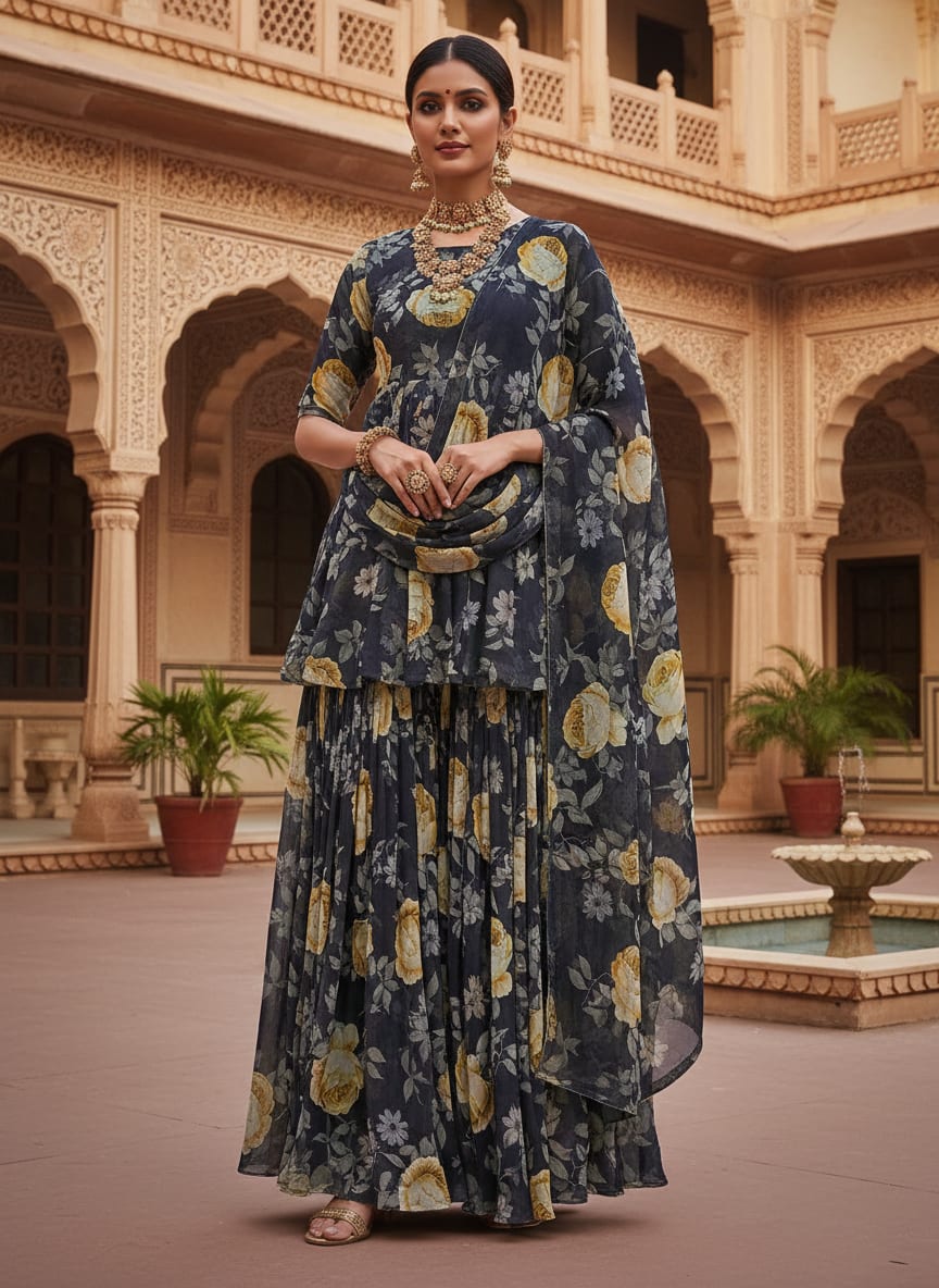 Navy Vintage Rose Floral Pure Georgette Digital Printed Fabric