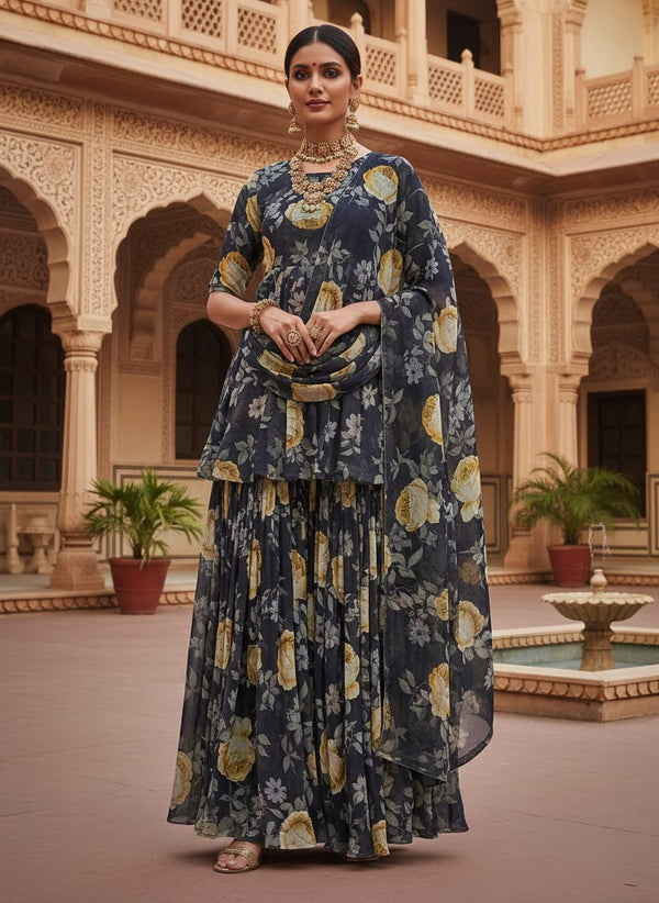 Navy Vintage Rose Floral Pure Georgette Digital Printed Fabric - Gharara Set Lookbook - PG-0-0TA06659P3-110 - alternate view
