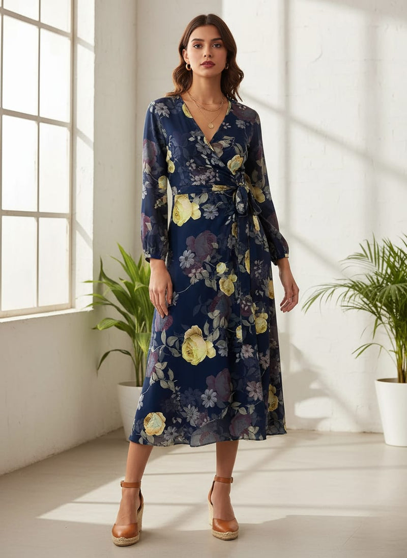 Elegant Floral Over Blue Base Digital Printed Fabric